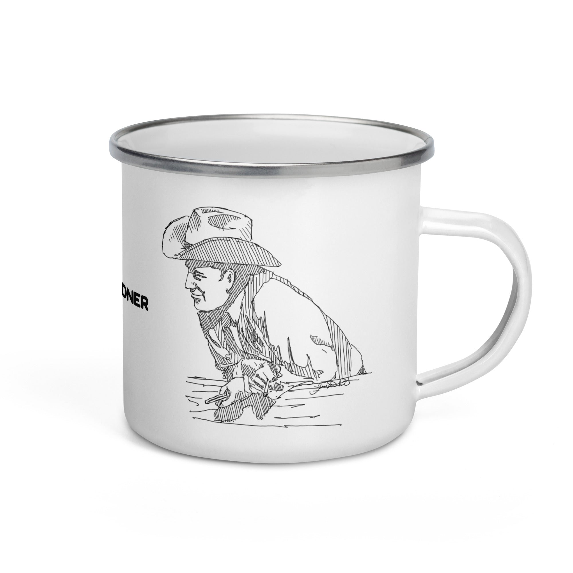 Enamel covered metal camp mug with a sketch of a Cowboy leaning on a fence on two sides and the phrase “Morning Pardner” in the middle. 12 oz capacity.
