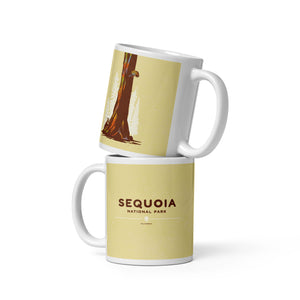 Coffee mug with an image of a giant Sequoia tree with a black bear attempting to climb it on one side and the words “Sequoia National Park, California” on the other.
