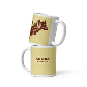 Coffee mug with an image of the historic Bass Harbor Head Light Station—with a Bald Eagle flying overhead on one side, and the words “Acadia National Park, Maine” on the other.