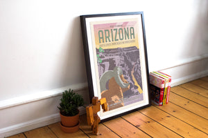 Giclée Art Print Travel Poster of Arizona featuring a Bighorn Sheep looking out over the Grand Canyon, with type on top and bottom that is humorous.