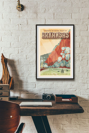 MInimalist style travel poster of Arkansas with canoeist on a river and a bluff in the background.