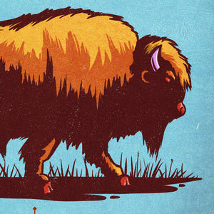 Detail of Vintage style humorous American Bison art print with ornate typography inspired by old travel, national parks and wildlife posters.