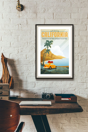 Classic style travel poster of a California beach with VW beetle, palm trees and mountains.