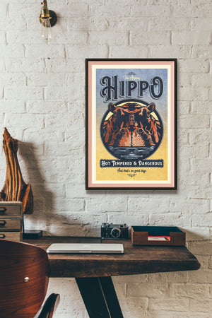Vintage style humorous African Hippopotamus art print with bold typography and graphics inspired by old travel, and wildlife posters of the 1930s 40s and 50s. Print shows a Hippo rising out of the water surrounded by graphics. 