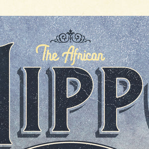 Detail of Vintage style humorous African Hippopotamus art print with bold typography and graphics inspired by old travel, and wildlife posters of the 1930s 40s and 50s. Print shows a Hippo rising out of the water surrounded by graphics. 