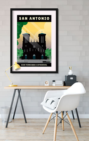 Giclée art print travel poster of the San Fernando Cathedral in the center of San Antonio, Texas.