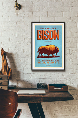 Vintage style humorous American Bison art print with ornate typography inspired by old travel, national parks and wildlife posters.