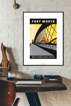 Giclée art print travel poster of the West Seventh Street Bridge at sunset in Fort Worth, Texas.