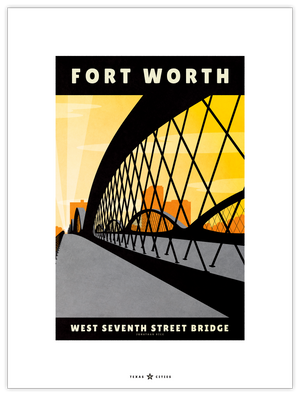 Giclée art print travel poster of the West Seventh Street Bridge at sunset in Fort Worth, Texas.