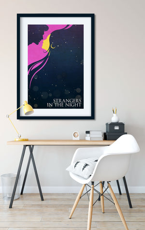 Mid-century style Art Print of a pair of lovers blended with a scene of moon and stars with the title "Strangers In The Night".
