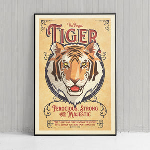 Vintage style humorous Bengal Tiger art print with ornate typography and graphics inspired by old travel, and wildlife posters of the 1930s 40s and 50s.