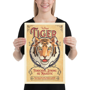 Vintage style humorous Bengal Tiger art print with ornate typography and graphics inspired by old travel, and wildlife posters of the 1930s 40s and 50s. Size 12"x18"