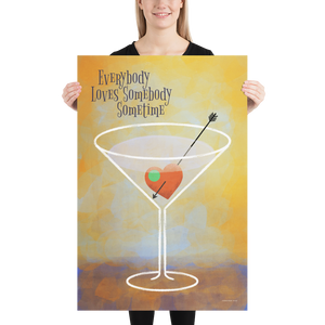 Mid-century style Art Print of a martini glass with heart-shape olive with the title "Everybody Loves Somebody Sometime". 