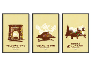 Yellowstone Grand Teton Rocky Mountain national park poster set by Jonathan Rice black frame