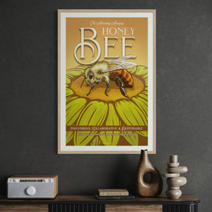Framed Honey Bee art print by Jonathan Rice with layered texture and bold graphic style in a Mid-Century Modern office