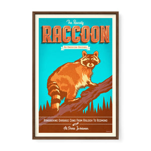 Walnut framed raccoon wildlife art print