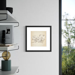 Framed Two Elephants sketch between shelves and window