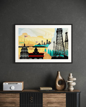 framed Built on Texas industrial poster vintage wall art in modern office setting