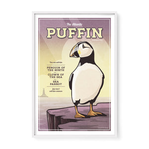 Atlantic Puffin vintage coastal bird artwork in walnut wood frame