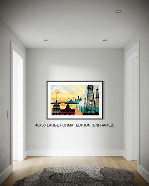 Large format framed Built on Texas industrial poster vintage wall art in modern hallway setting