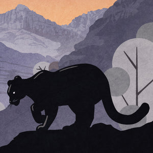 Close-up detail of the Guadalupe Mountains National Park poster highlighting the layered mountain landscape, mountain lion silhouette, textured illustration style, and vintage-inspired typography.