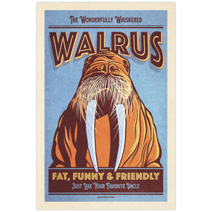 Vintage-style illustrated Walrus poster featuring a large whiskered walrus with long tusks and the words “Fat, Funny & Friendly.”