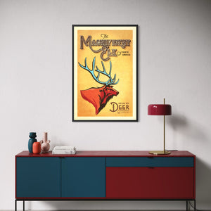 Framed Magnificent Elk wildlife poster displayed above a modern credenza featuring a colorful elk illustration and vintage typography
