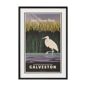 Galveston Island State Park travel poster in a black frame featuring a white egret in Texas coastal marshland.