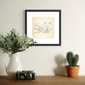 Framed Two Elephants sketch above cabinet with vase, camera and cactus
