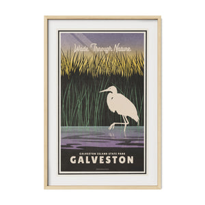 Galveston Island State Park travel poster in a natural oak frame featuring a white egret in Texas coastal marshland.
