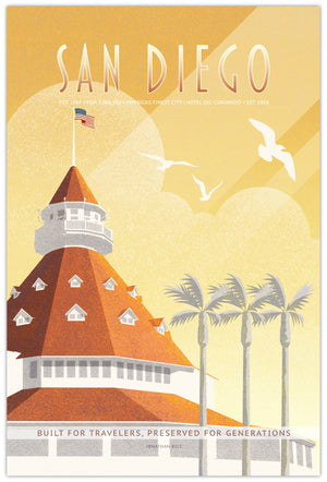 Vintage-style San Diego travel poster featuring the historic Hotel del Coronado with palm trees, seagulls, and warm coastal sunset tones.