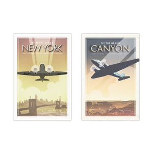 Unframed DC-3 aviation art print set featuring vintage-inspired New York City and Grand Canyon travel posters