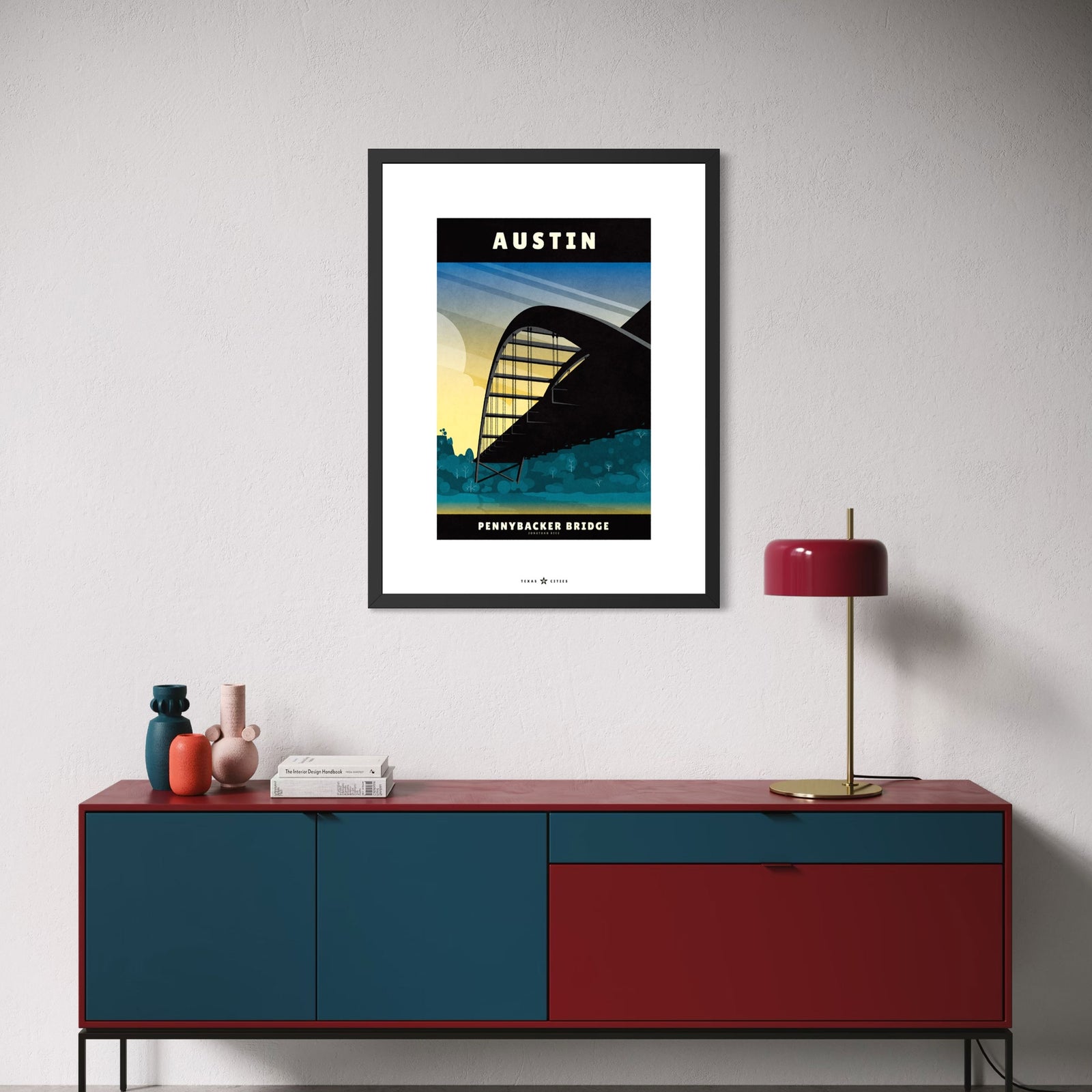 Vintage-inspired Austin Texas poster featuring the Pennybacker Bridge at sunset by Jonathan Rice