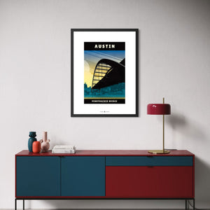 Framed Austin Pennybacker Bridge poster displayed in a modern interior