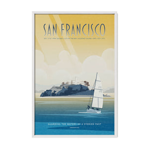 San Francisco Alcatraz fine art travel poster in white wood frame, vintage-inspired city wall art