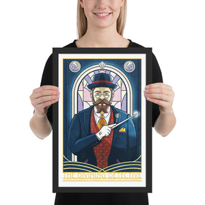 Product mockup of This giclée art print features a 1930s private detective in a three-piece suit, holding a magic wand against an Art Deco-style stained glass window. With magical, storybook colors, rich textures, and ornate typography, it includes the headings “The Divining Detective” and “Using unearthly power to solve the unsolvable.”