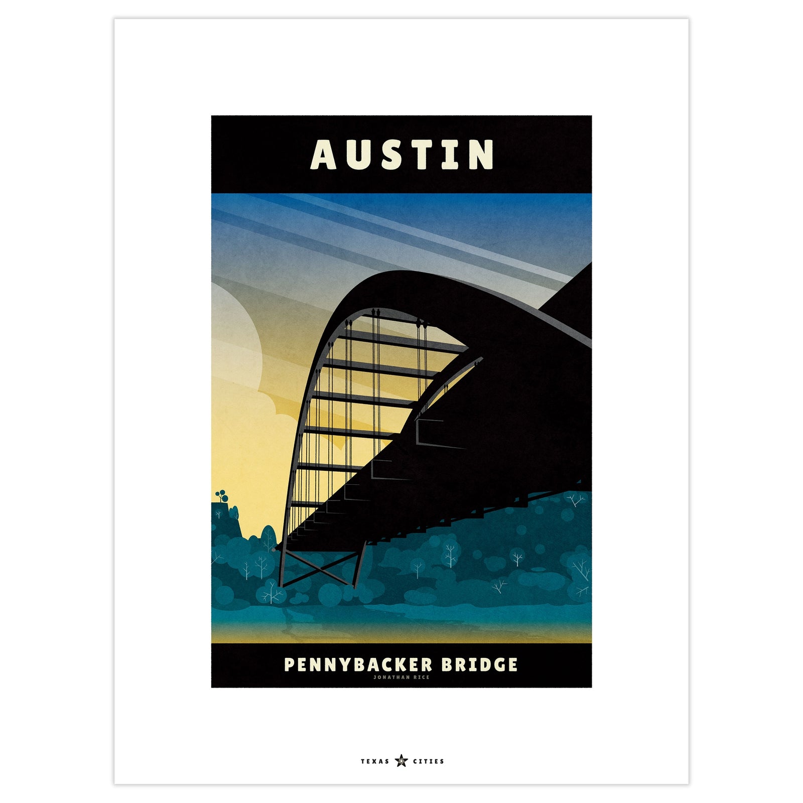 Vintage-inspired Austin Texas poster featuring the Pennybacker Bridge at sunset by Jonathan Rice