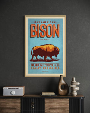 Bison poster by Jonathan Rice oak frame room mockup