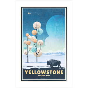 Yellowstone National Park winter poster featuring a lone bison crossing a snowy landscape beneath a crescent moon, stylized trees, and distant mountains.
