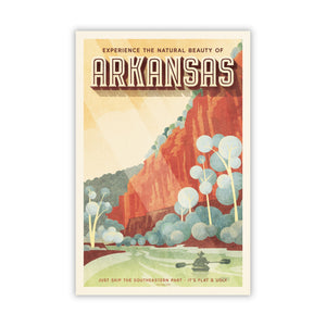 Unframed travel poster for Arkansas with a scenic landscape and text.