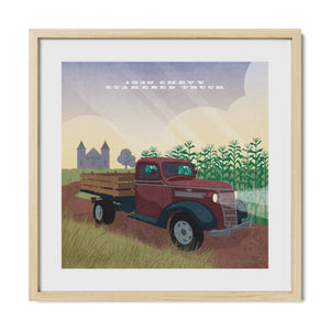 1938 Chevy Stakebed Truck vintage farm truck art print in natural oak frame