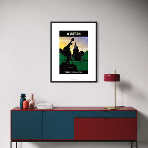 Austin Texas State Capitol poster framed above a modern credenza