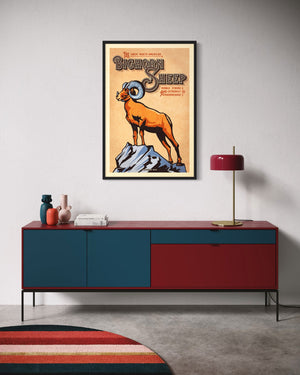 Bighorn Sheep poster by Jonathan Rice black frame living room mockup