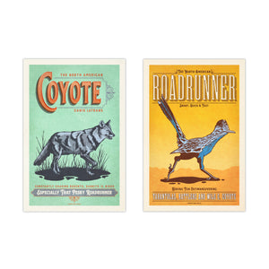 Unframed Coyote and roadrunner wall art set, vintage wildlife poster pair