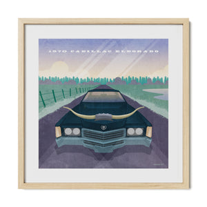 1970 Cadillac Eldorado vintage Texas car poster in a natural oak frame
