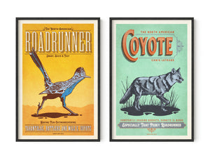 Coyote and roadrunner wall art set in black frames, vintage wildlife poster pair