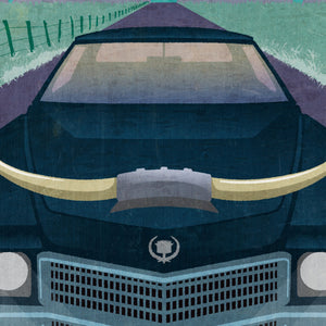 Close-up detail of 1970 Cadillac Eldorado poster showing the classic car grille, headlights, hood ornament and longhorns
