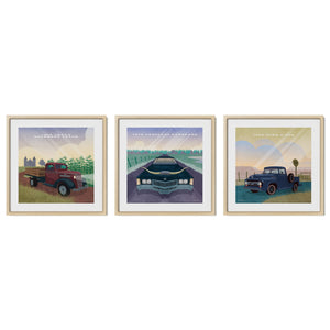 Western vintage vehicle gallery set of three featuring Chevy, Cadillac and Ford in natural oak frames