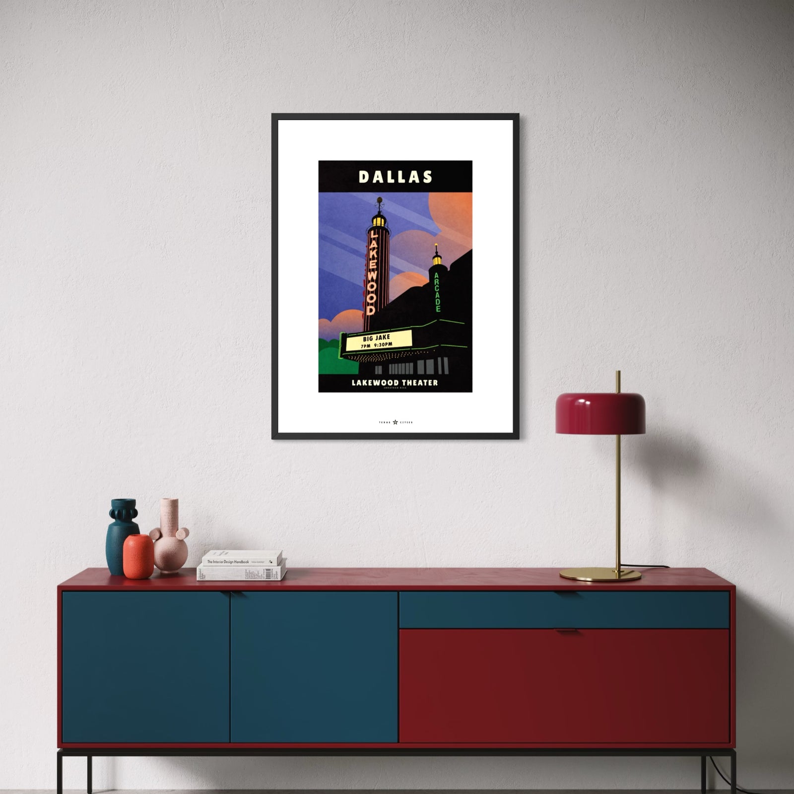 Vintage-style Dallas Lakewood Theater poster featuring the historic Art Deco theater, glowing neon marquee, and iconic tower in East Dallas, Texas.