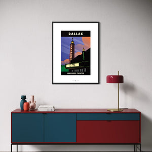 Dallas Lakewood Theater poster framed above living room credenza